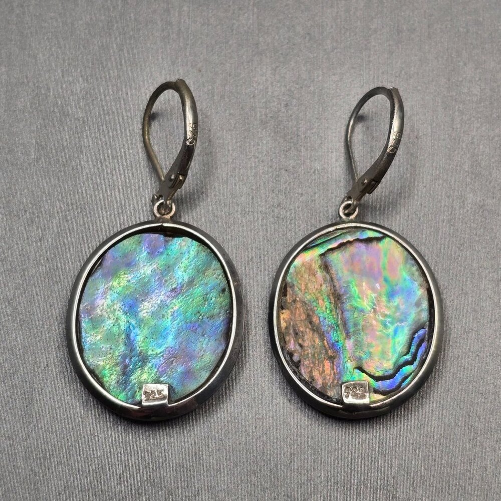 VTG 925 Sterling Silver Abalone Dangle Earrings 1.5" Paua Shell Leverback - Picture 2 of 5